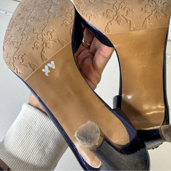 Brenda Zaro Blue Metallic Textured Leather Pump Heels Made In Spain Size 38 - Picture 10 of 15